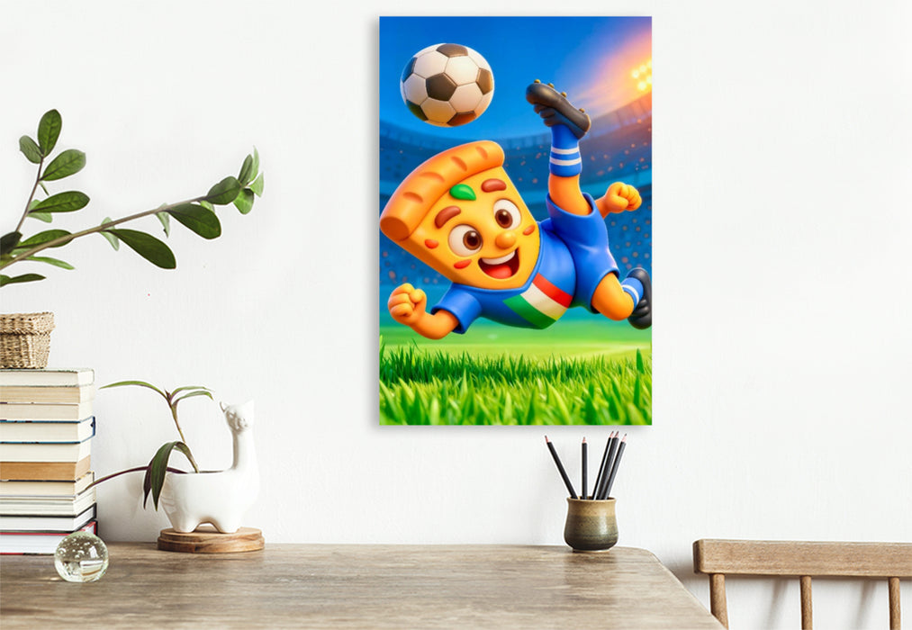 Premium Textil-Leinwand Italienische Pizza beim humorvollen Fußball Fallrückzieher im Stadion