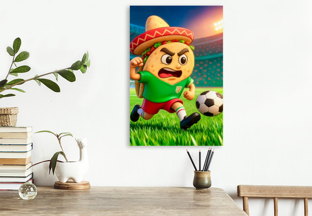 Premium Textil-Leinwand Mexikanischer Taco auf humorvoller Fußball Torjagd im Stadion