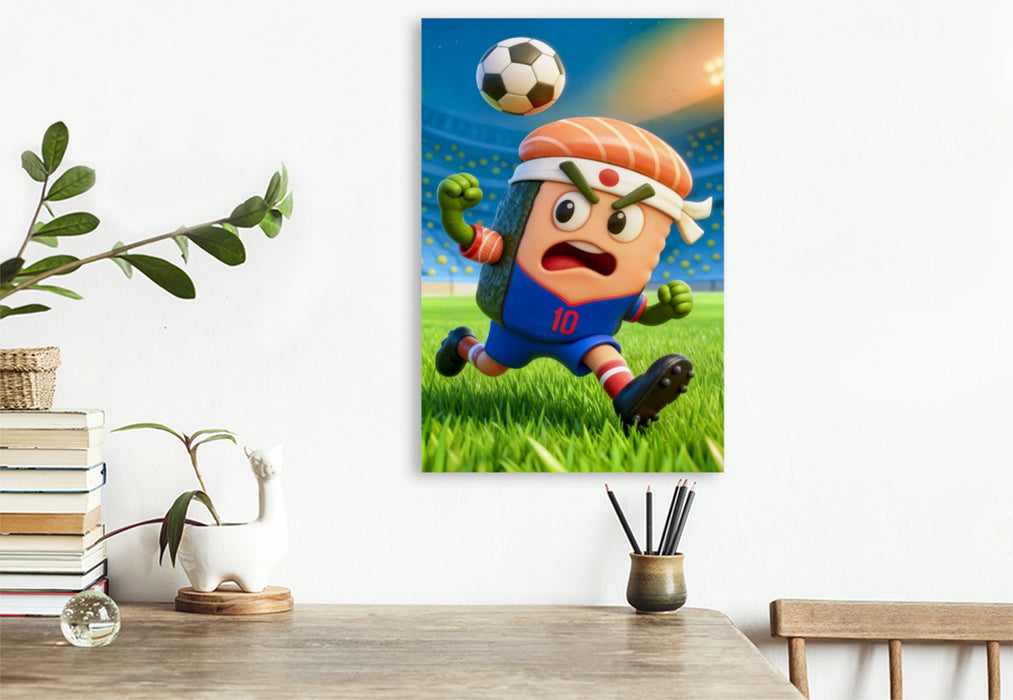 Premium Textil-Leinwand Japanisches Sushi auf humorvoller Fußball Torjagd im Stadion