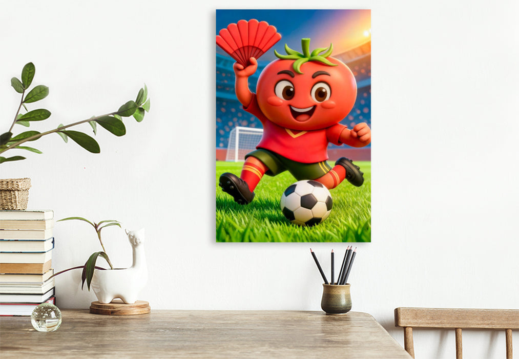 Premium Textil-Leinwand Spanische Tomate zeigt humorvolle Fußballpower in lebendiger Stadionszene