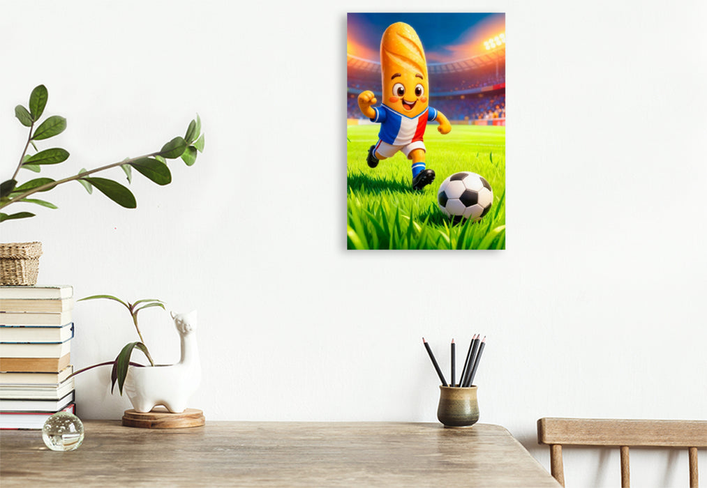 Premium Textil-Leinwand ranzösisches Baguette Fußballer in lebendiger Stadionszene