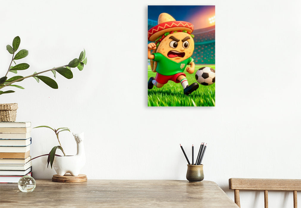 Premium Textil-Leinwand Mexikanischer Taco auf humorvoller Fußball Torjagd im Stadion