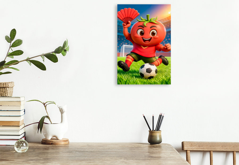 Premium Textil-Leinwand Spanische Tomate zeigt humorvolle Fußballpower in lebendiger Stadionszene
