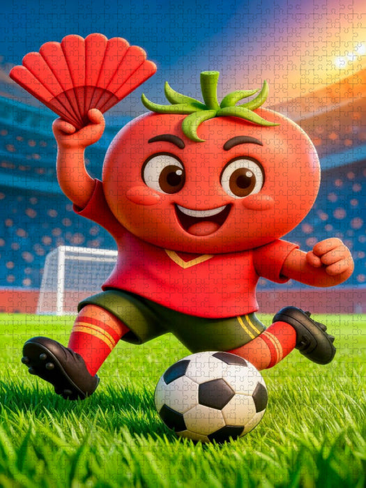 Spanische Tomate zeigt humorvolle Fußballpower in lebendiger Stadionszene - CALVENDO Foto-Puzzle'
