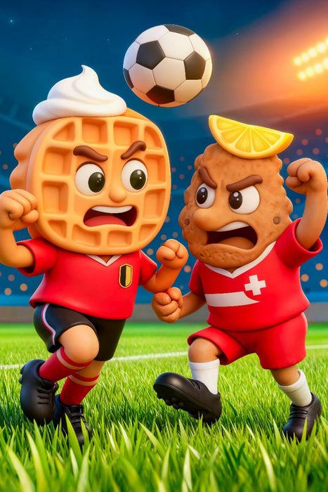 Premium Textil-Leinwand Belgische Waffel und österreichisches Schnitzel im humorvollen Fußball Duell im Stadion