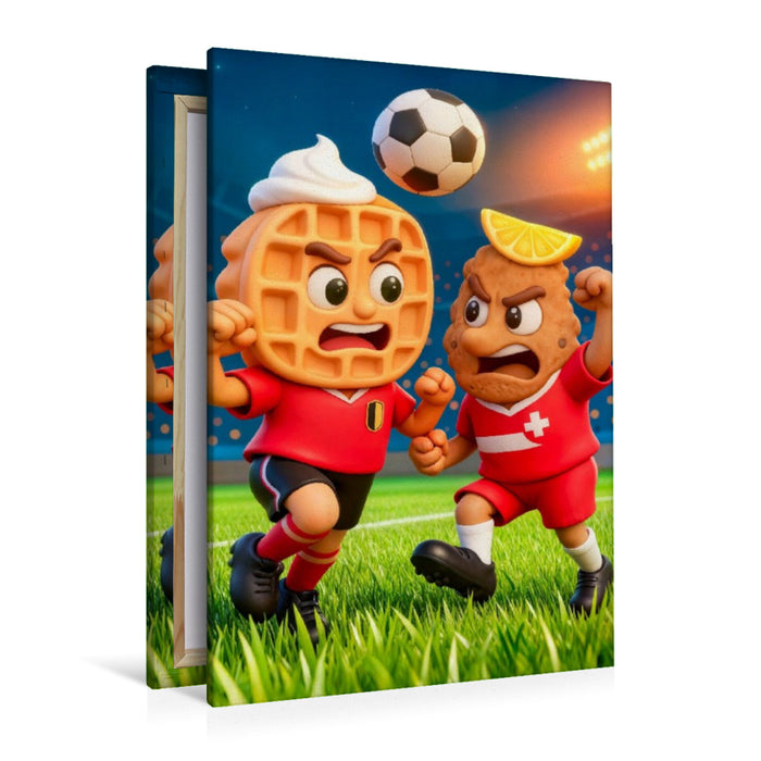 Premium Textil-Leinwand Belgische Waffel und österreichisches Schnitzel im humorvollen Fußball Duell im Stadion