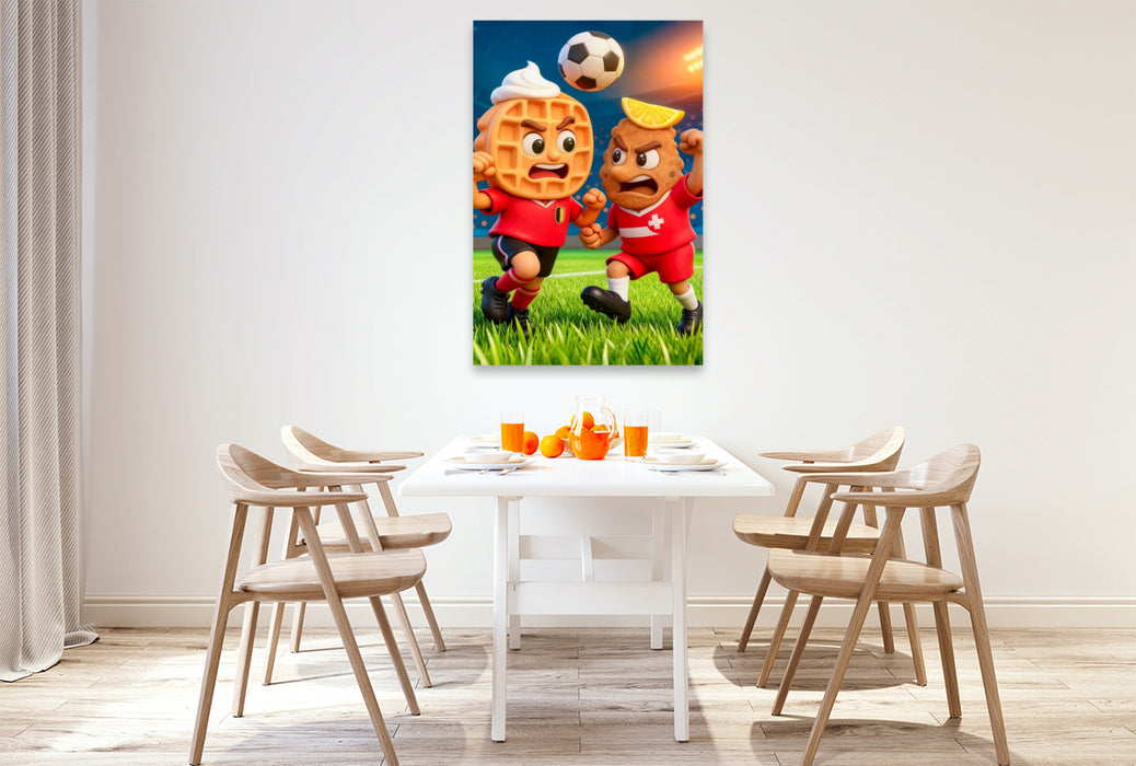 Premium Textil-Leinwand Belgische Waffel und österreichisches Schnitzel im humorvollen Fußball Duell im Stadion