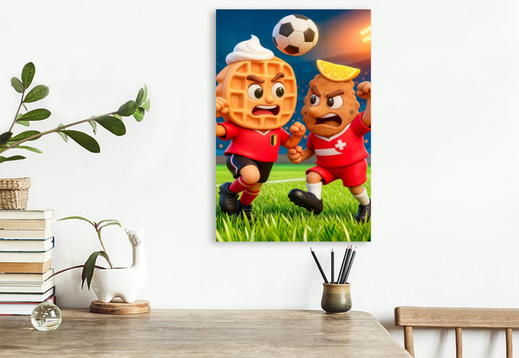 Premium Textil-Leinwand Belgische Waffel und österreichisches Schnitzel im humorvollen Fußball Duell im Stadion