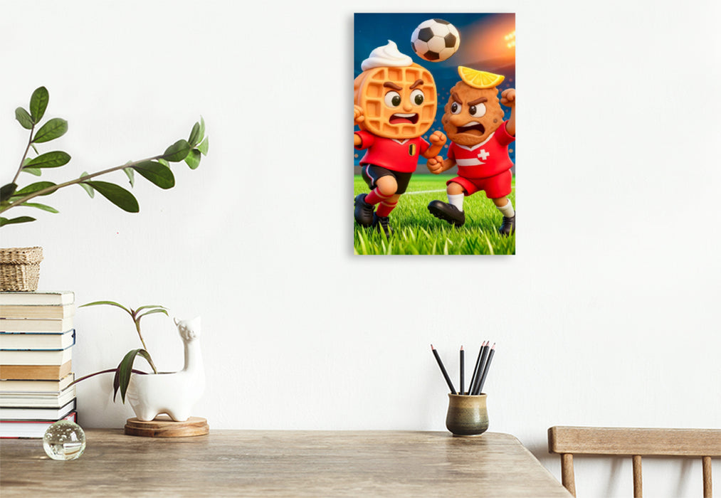 Premium Textil-Leinwand Belgische Waffel und österreichisches Schnitzel im humorvollen Fußball Duell im Stadion