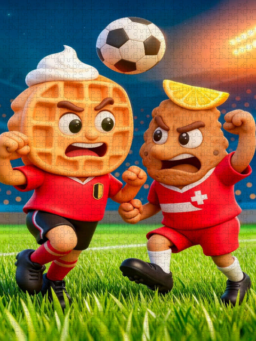 Belgische Waffel und österreichisches Schnitzel im humorvollen Fußball Duell im Stadion - CALVENDO Foto-Puzzle'