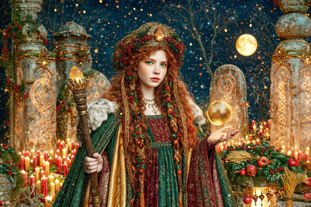 Premium Textil-Leinwand Sagenhafte Gefährten - Die Yule-Magierin