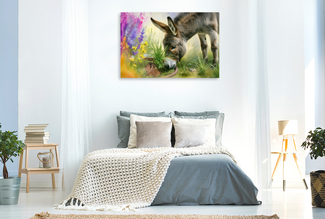 Premium Textil-Leinwand Esel frisst Gras