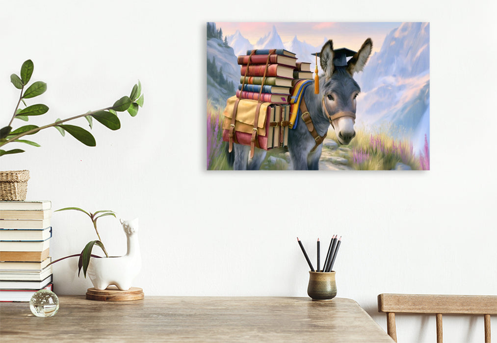 Premium Textil-Leinwand Esel mit Büchern bepackt