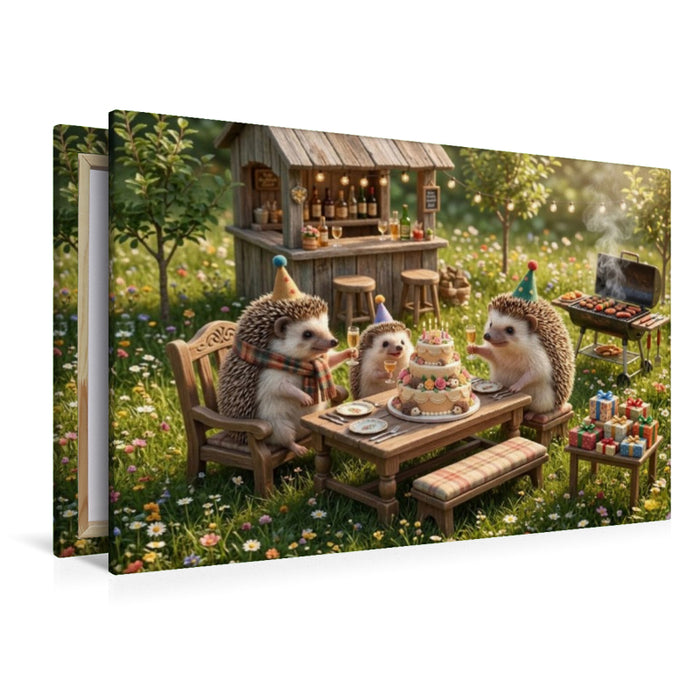 Premium Textil-Leinwand Igelglück im Sommergarten