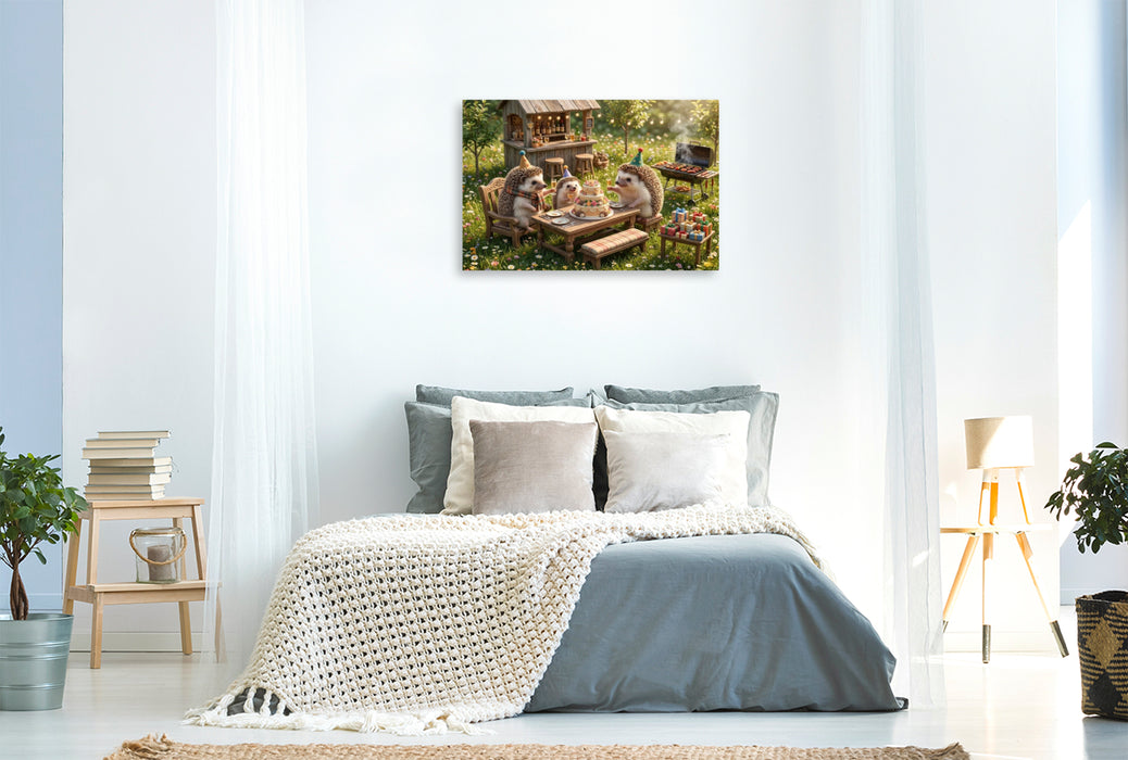 Premium Textil-Leinwand Igelglück im Sommergarten