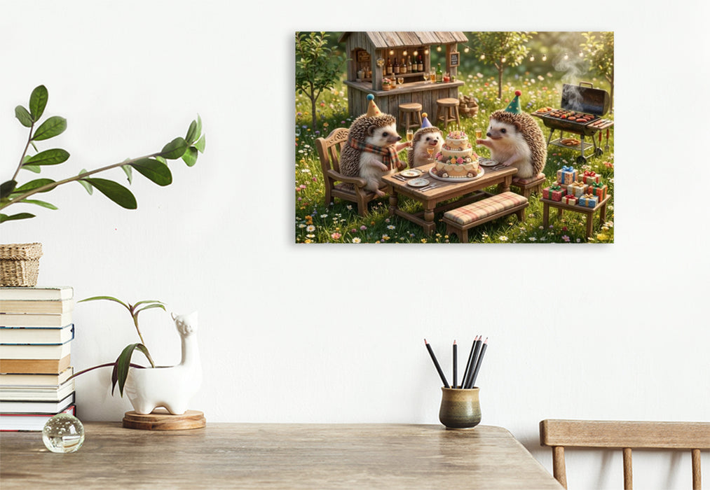 Premium Textil-Leinwand Igelglück im Sommergarten