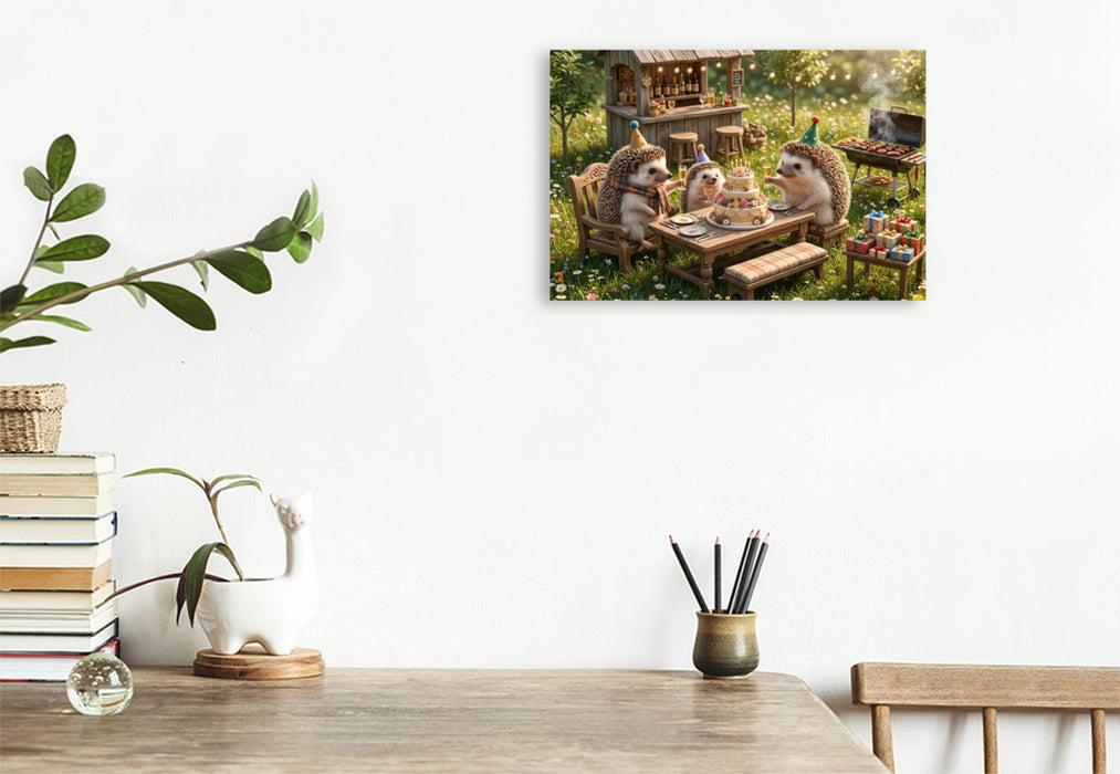 Premium Textil-Leinwand Igelglück im Sommergarten