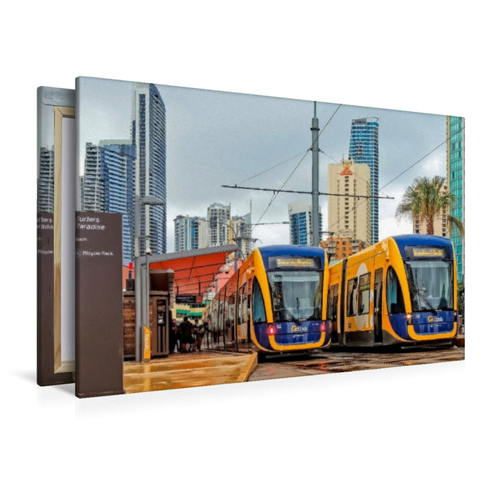Premium Textil-Leinwand Zwei Straßenbahnwagen im Surfers Paradise, Gold Coast, Queensland, Australien