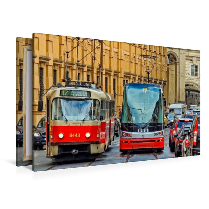 Premium Textil-Leinwand Eine moderne, niederflurige Gelenkstraßenbahn in Prag