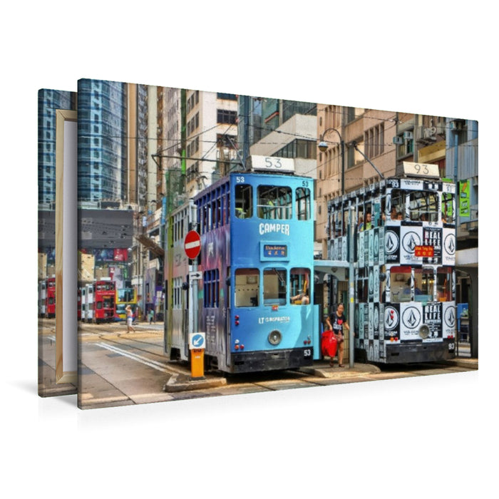 Premium Textil-Leinwand Ikonische Doppelstockstraßenbahnen in Hongkong, einige der wenigen weltweit, die ausschließlich mit Doppelstockwagen betrieben werden