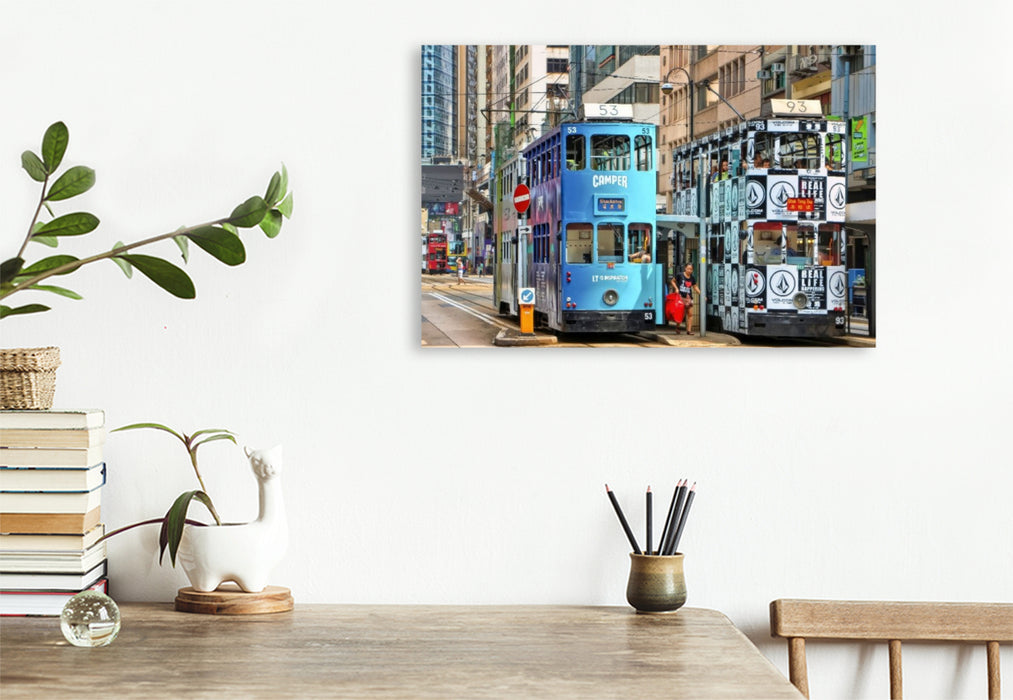 Premium Textil-Leinwand Ikonische Doppelstockstraßenbahnen in Hongkong, einige der wenigen weltweit, die ausschließlich mit Doppelstockwagen betrieben werden