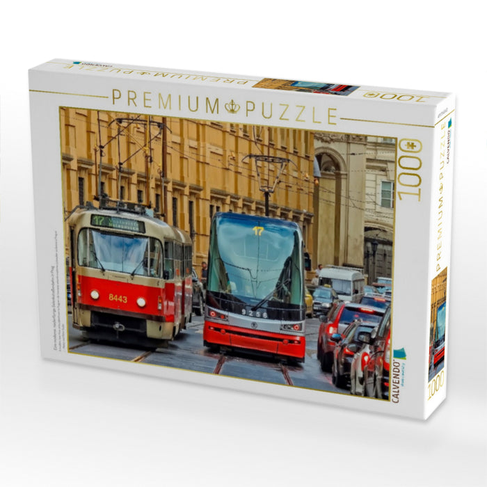 Eine moderne, niederflurige Gelenkstraßenbahn in Prag - CALVENDO Foto-Puzzle'