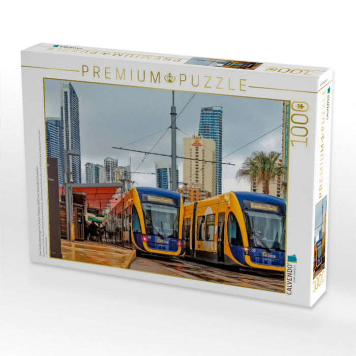 Zwei Straßenbahnwagen im Surfers Paradise, Gold Coast, Queensland, Australien - CALVENDO Foto-Puzzle'