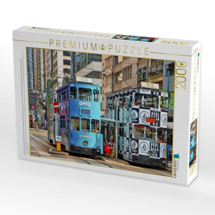 Ikonische Doppelstockstraßenbahnen in Hongkong, einige der wenigen weltweit, die ausschließlich mit Doppelstockwagen betrieben werden - CALVENDO Foto-Puzzle'