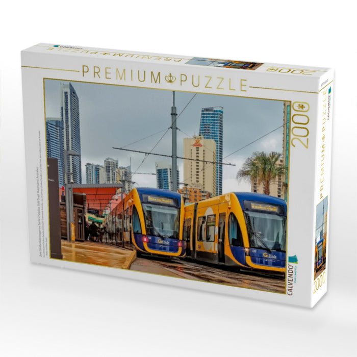 Zwei Straßenbahnwagen im Surfers Paradise, Gold Coast, Queensland, Australien - CALVENDO Foto-Puzzle'