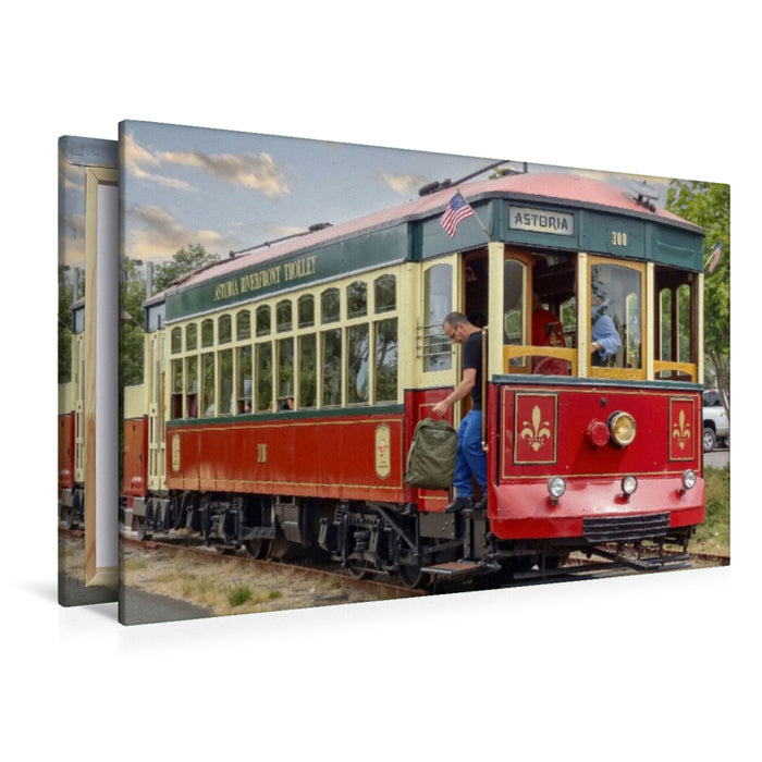 Premium Textil-Leinwand Diese historische Straßenbahn ist Teil der Astoria Riverfront Trolley-Flotte in Astoria, Oregon