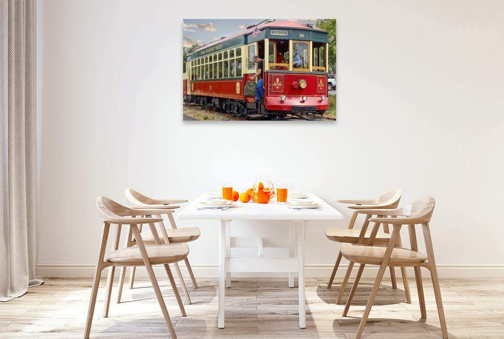 Premium Textil-Leinwand Diese historische Straßenbahn ist Teil der Astoria Riverfront Trolley-Flotte in Astoria, Oregon
