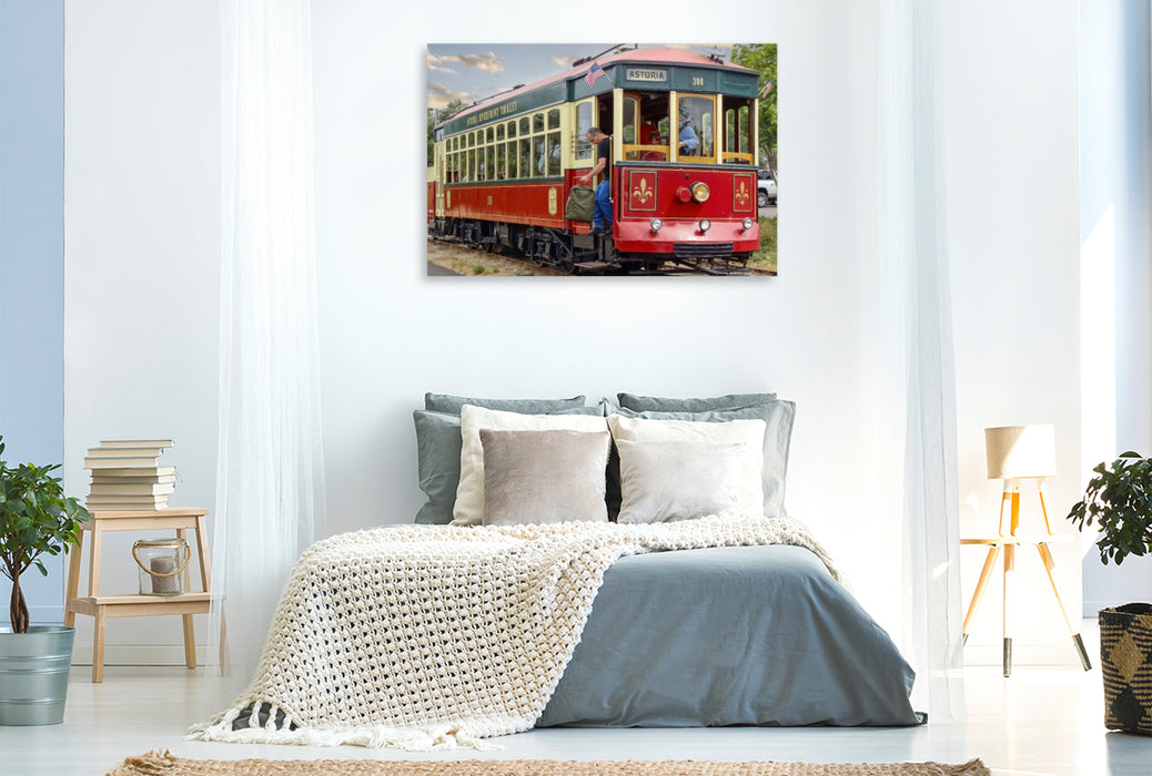 Premium Textil-Leinwand Diese historische Straßenbahn ist Teil der Astoria Riverfront Trolley-Flotte in Astoria, Oregon