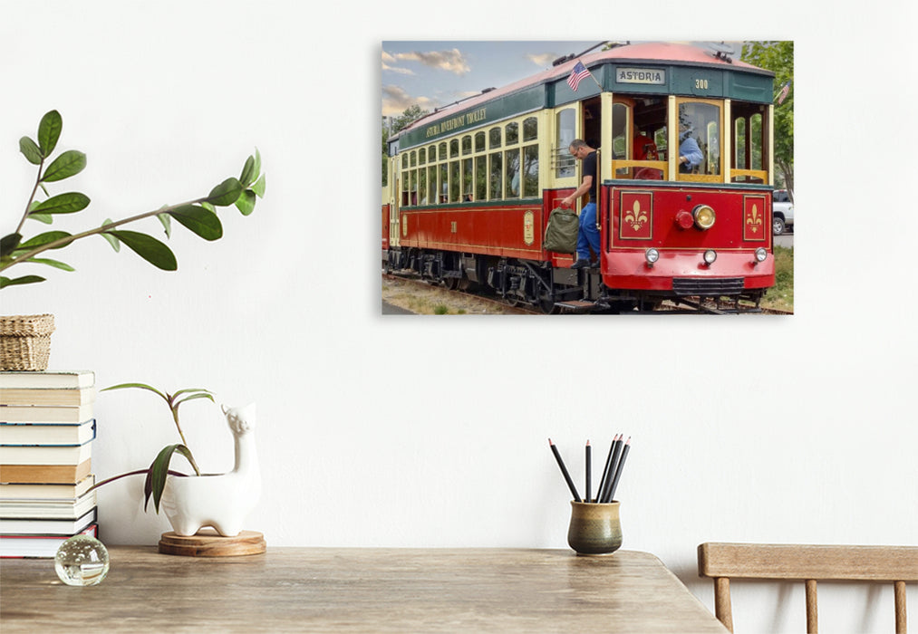 Premium Textil-Leinwand Diese historische Straßenbahn ist Teil der Astoria Riverfront Trolley-Flotte in Astoria, Oregon