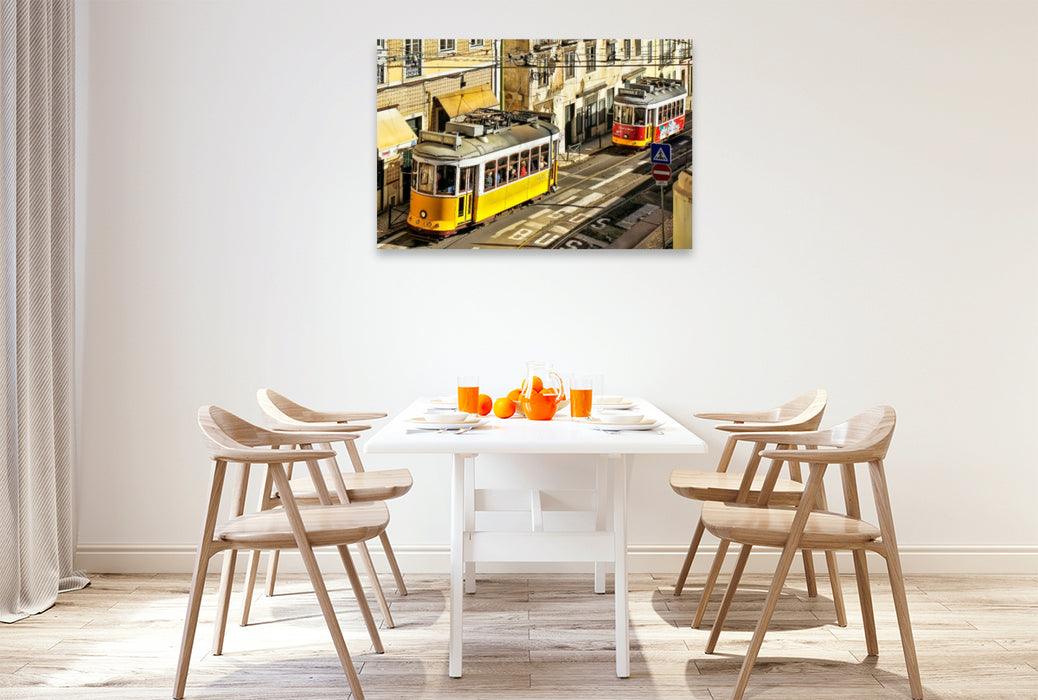 Premium Textil-Leinwand Diese ikonische gelbe Straßenbahn ist ein Wahrzeichen von Lissabon