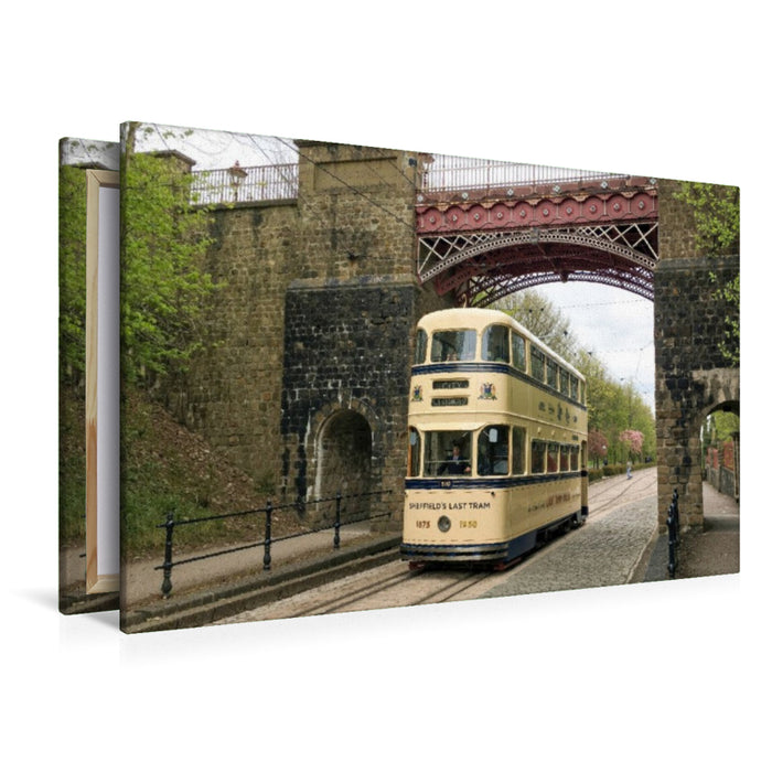 Premium Textil-Leinwand Die historische Straßenbahn Sheffield 510, die Straßenbahn fährt durch das National Tramway Museum in Crich, Derbyshire in Großbritanien