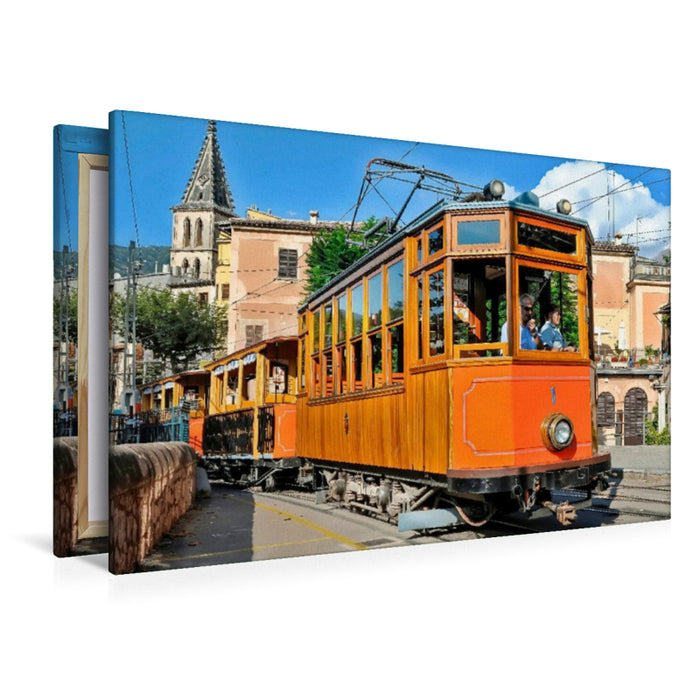 Premium Textil-Leinwand Die historische Straßenbahn Tramvia de Sóller auf Mallorca