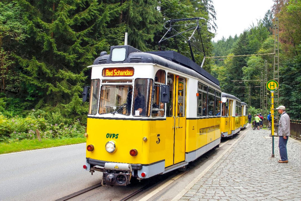 Premium Textil-Leinwand Die Kirnitzschtalbahn - eine historische Überlandstraßenbahn, sie verbindet seit 1898 Bad Schandau mit dem Lichtenhainer Wasserfall