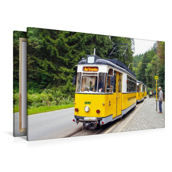 Premium Textil-Leinwand Die Kirnitzschtalbahn - eine historische Überlandstraßenbahn, sie verbindet seit 1898 Bad Schandau mit dem Lichtenhainer Wasserfall
