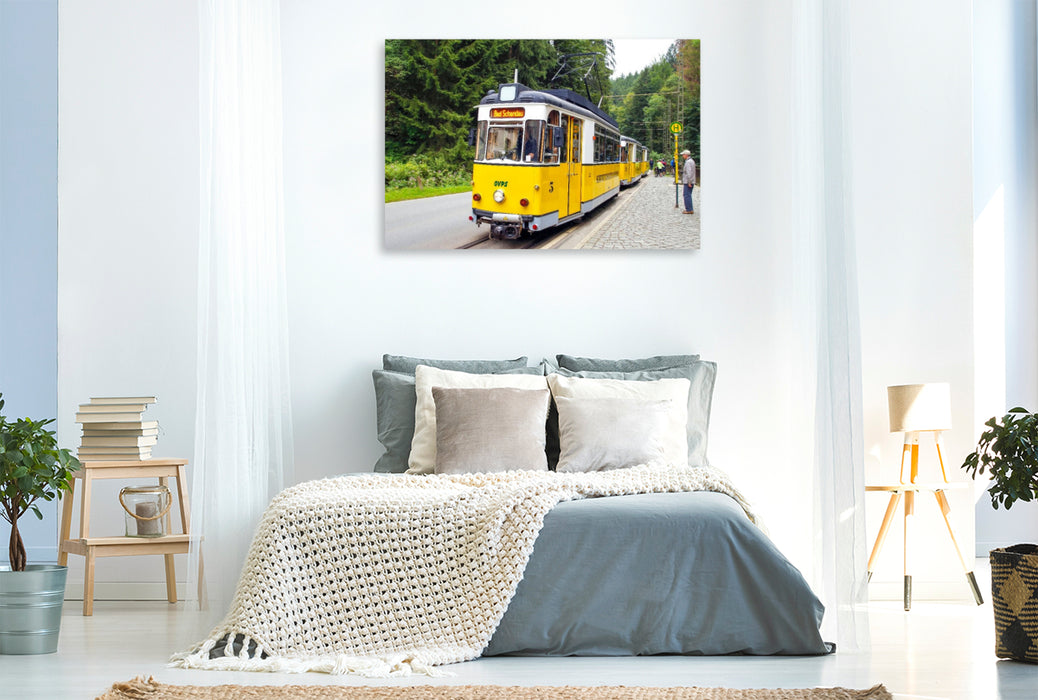 Premium Textil-Leinwand Die Kirnitzschtalbahn - eine historische Überlandstraßenbahn, sie verbindet seit 1898 Bad Schandau mit dem Lichtenhainer Wasserfall