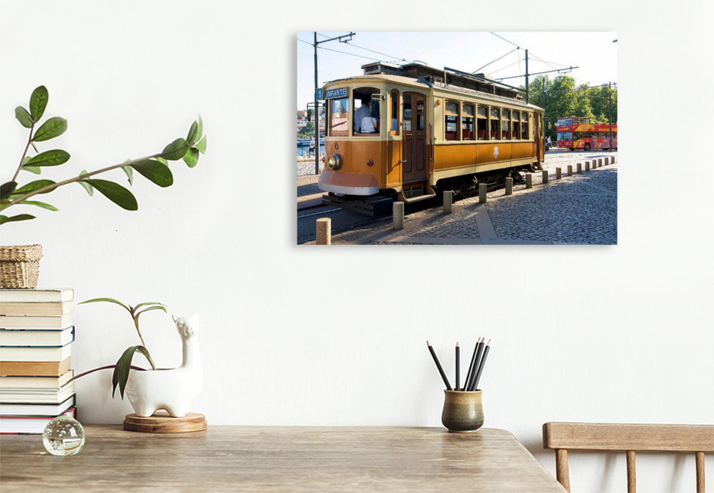 Premium Textil-Leinwand Historische Straßenbahn in Porto