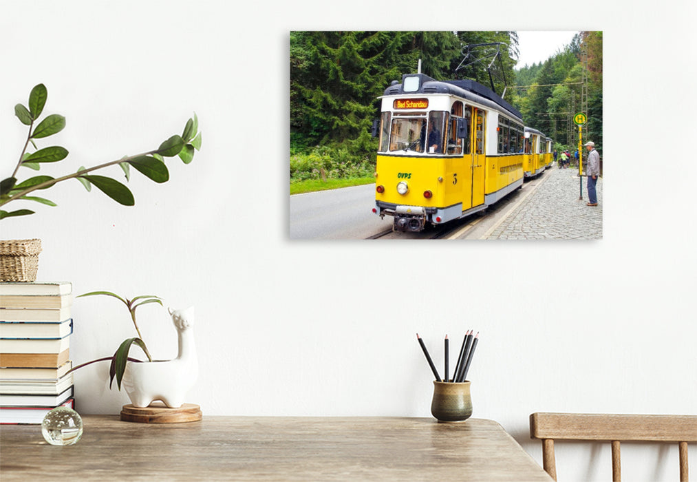 Premium Textil-Leinwand Die Kirnitzschtalbahn - eine historische Überlandstraßenbahn, sie verbindet seit 1898 Bad Schandau mit dem Lichtenhainer Wasserfall