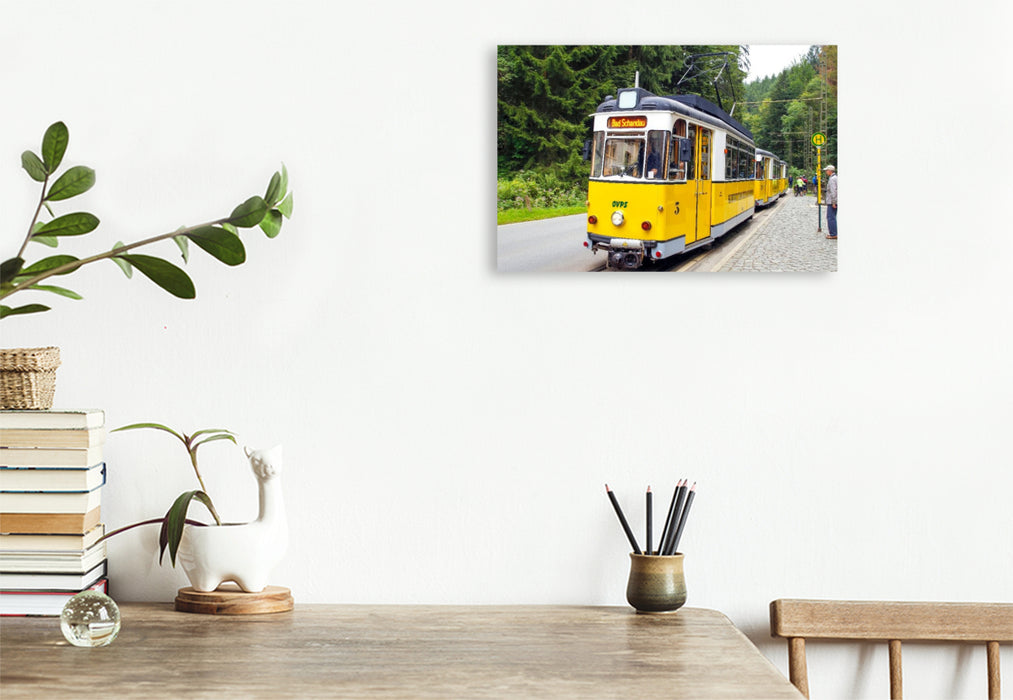 Premium Textil-Leinwand Die Kirnitzschtalbahn - eine historische Überlandstraßenbahn, sie verbindet seit 1898 Bad Schandau mit dem Lichtenhainer Wasserfall