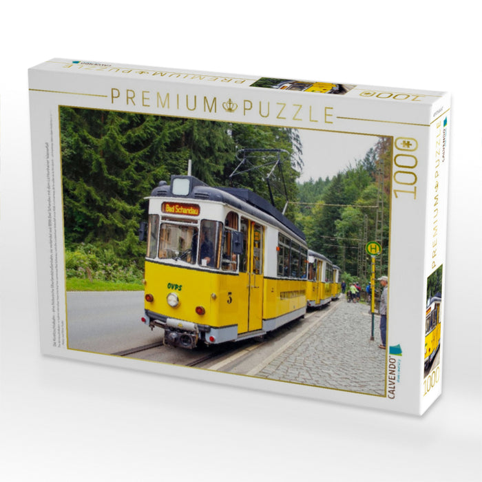 Die Kirnitzschtalbahn - eine historische Überlandstraßenbahn, sie verbindet seit 1898 Bad Schandau mit dem Lichtenhainer Wasserfall - CALVENDO Foto-Puzzle'