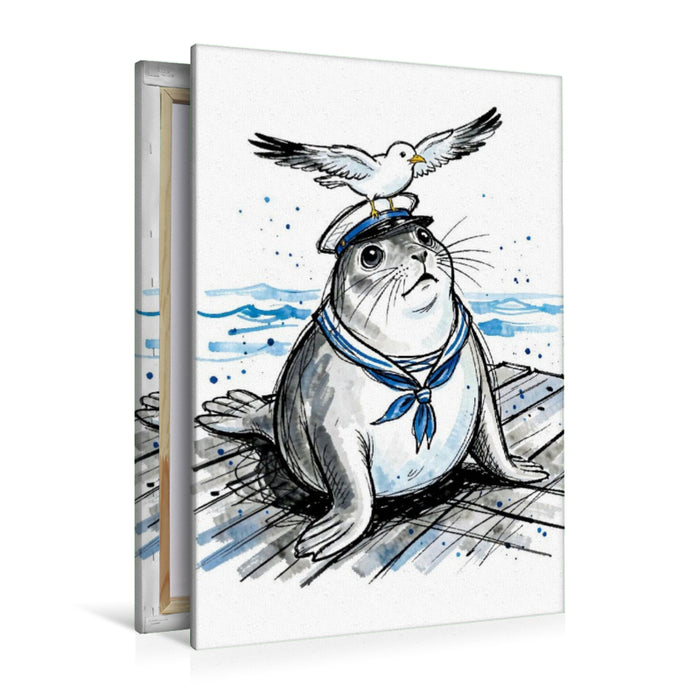 Premium Textil-Leinwand Seehund mit Möwe auf maritimer Kapitäns‑Leinwand