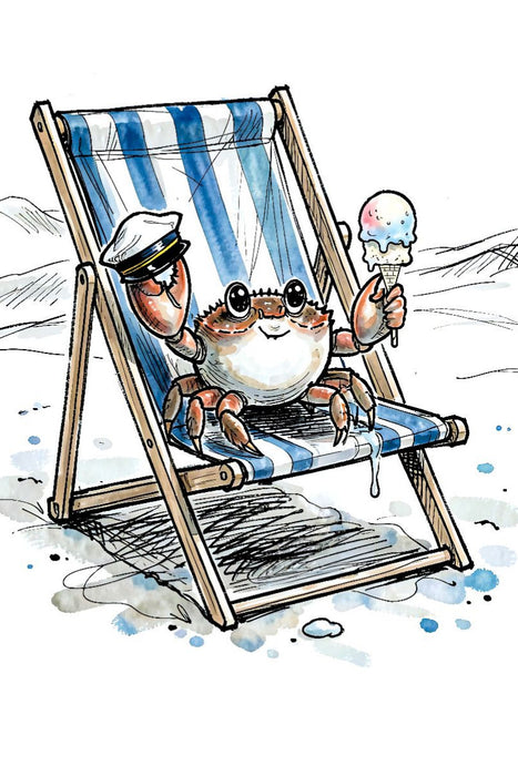 Premium Textil-Leinwand Entspannter Strandkrebs genießt Eis auf Sommer‑Leinwand