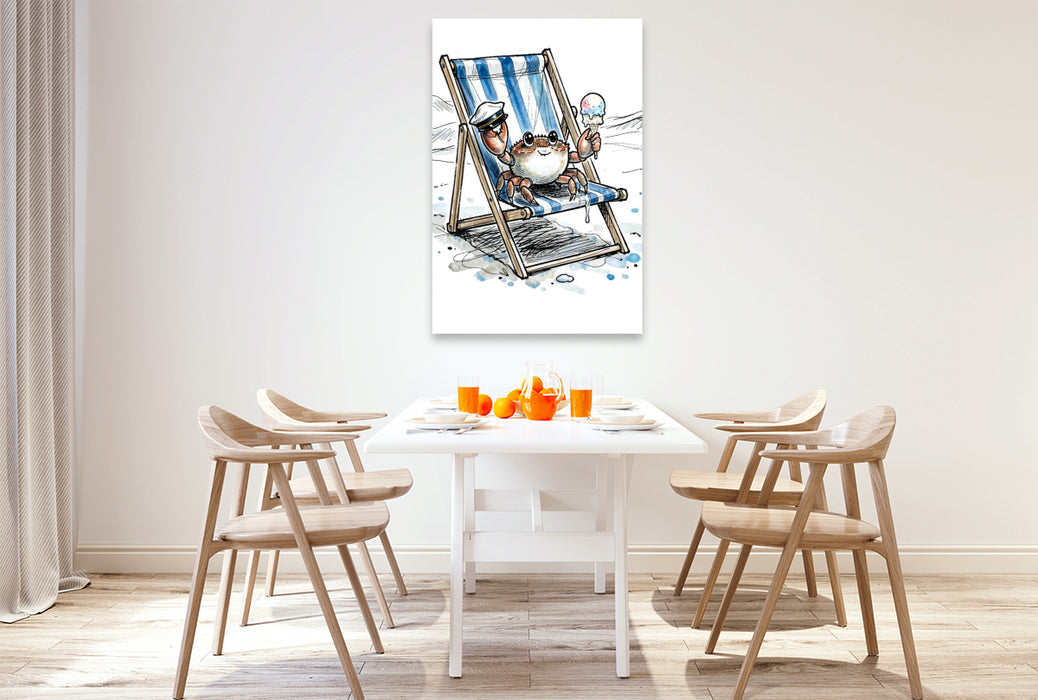 Premium Textil-Leinwand Entspannter Strandkrebs genießt Eis auf Sommer‑Leinwand