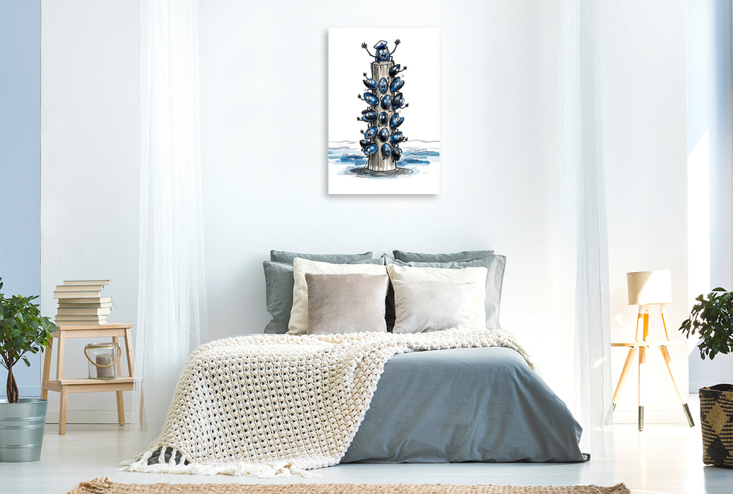 Premium Textil-Leinwand Quasselnde Muschelbande plaudert wild auf Küsten‑Leinwand