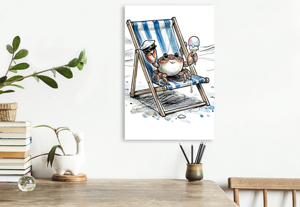 Premium Textil-Leinwand Entspannter Strandkrebs genießt Eis auf Sommer‑Leinwand