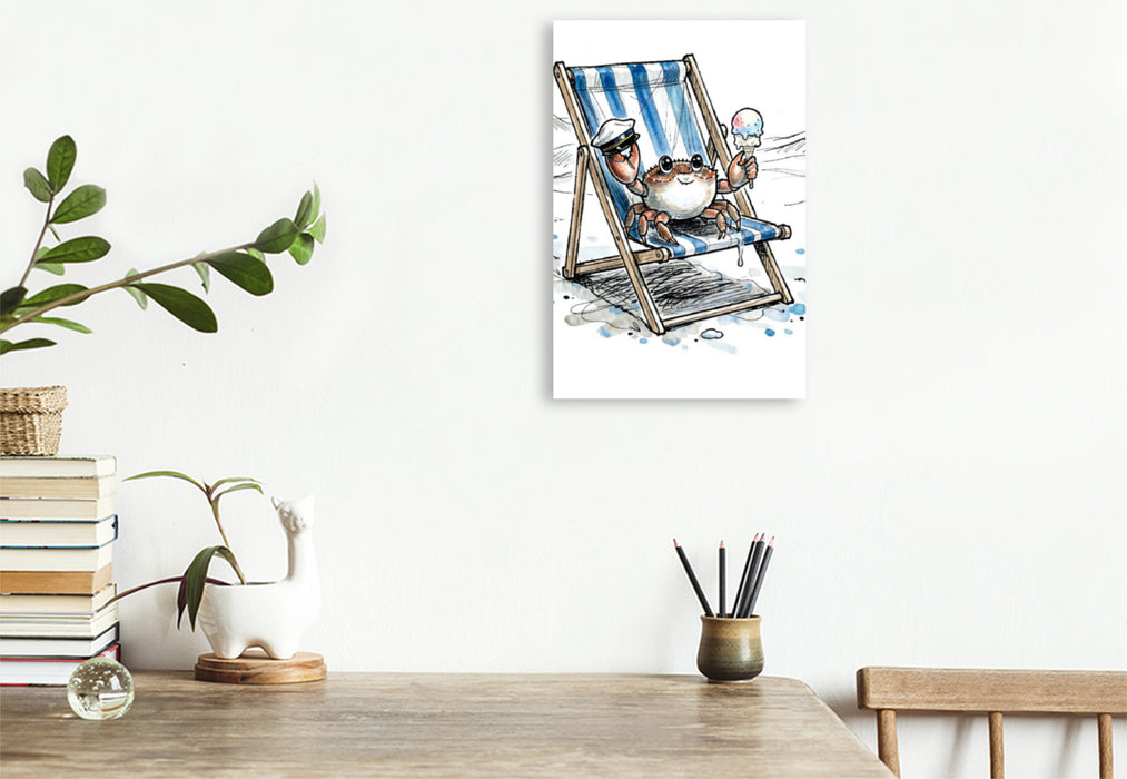 Premium Textil-Leinwand Entspannter Strandkrebs genießt Eis auf Sommer‑Leinwand