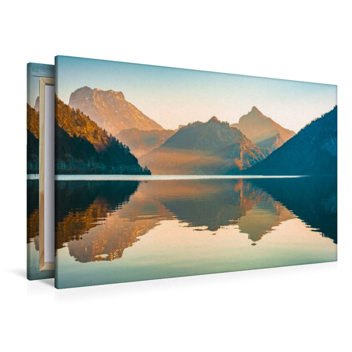 Premium Textil-Leinwand Traunsee mit Traunstein und Totem Gebirge
